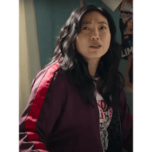 Awkwafina Jackpot 2024 Maroon Bomber Jacket