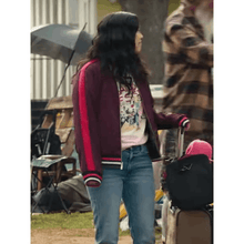 Awkwafina Jackpot 2024 Maroon Bomber Jacket