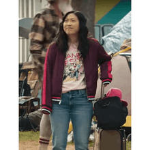 Awkwafina Jackpot 2024 Maroon Bomber Jacket