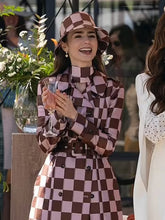 Emily In Paris S04 Lily Collins Pink Brown Checkered Trench Coat