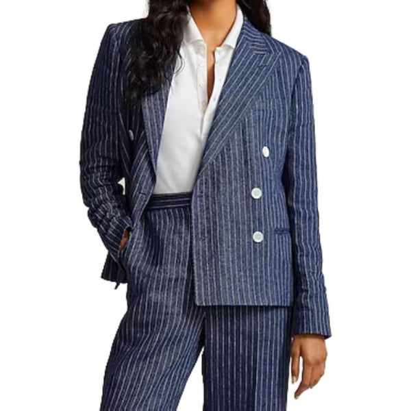 Emily in Paris S04 Thalia Besson blue pinstripe blazer and pant suit