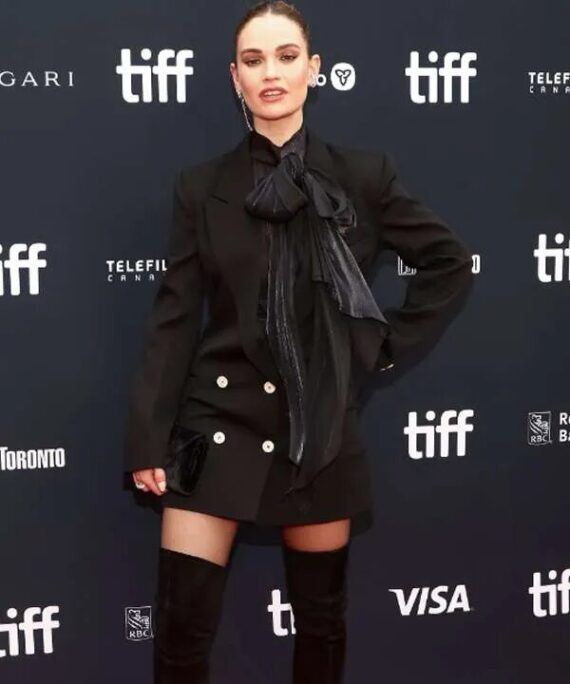 Lily James What’s Love Got to Do with It Black Coat