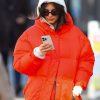 Emily Ratajkowski Red Puffer Hooded Jacket